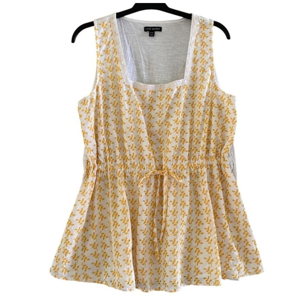 Women's Plus Sz 1X 14/16 Embroider Top Yellow Floral White Eyelet Summer Beach